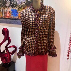 St John skirt suit 12 Large lipstick pink orange red multi tweed ribbon shimmer